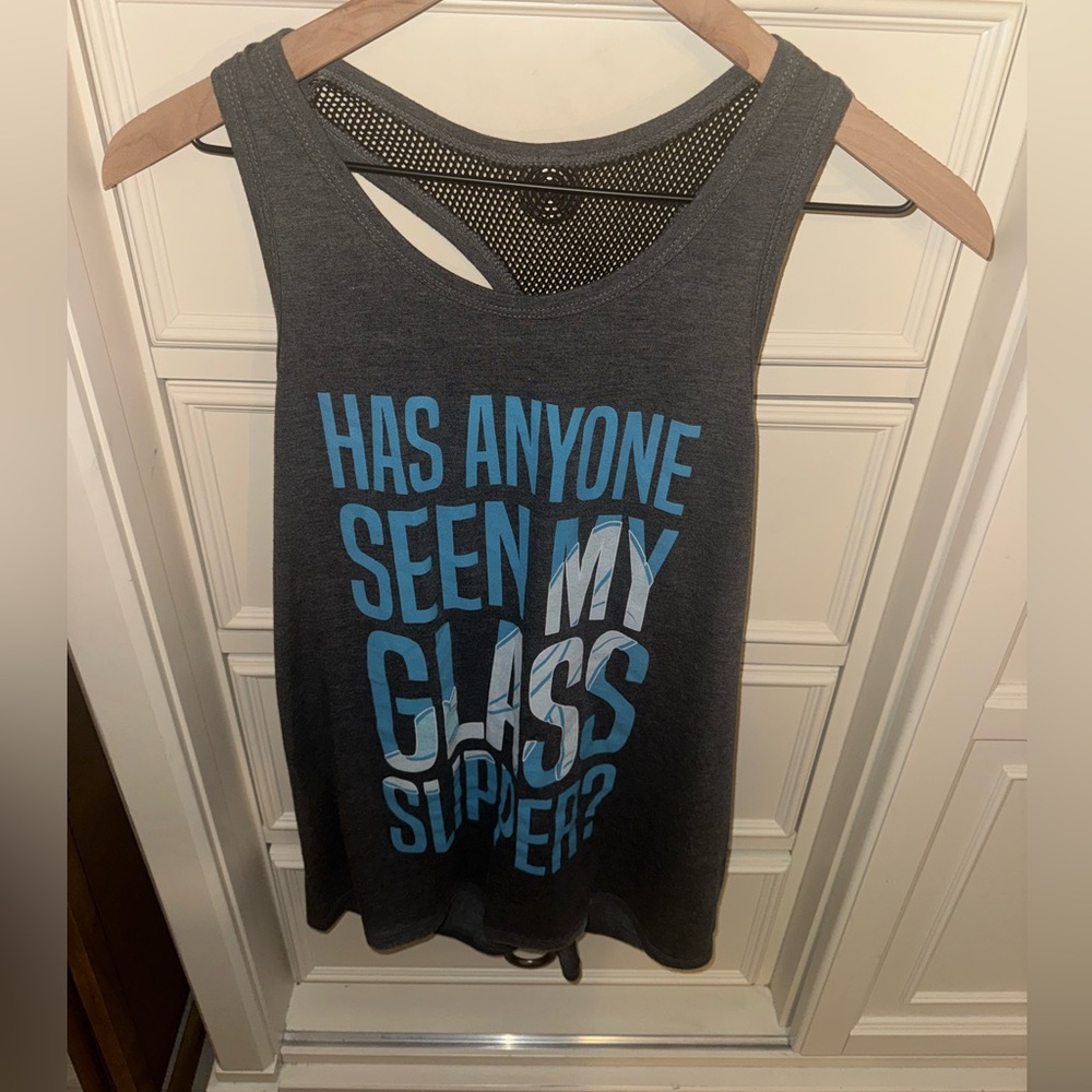 Gray Sleeveless Cinderella Tank Top with Blue Text